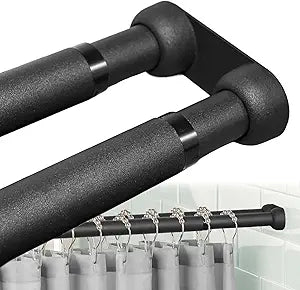 Double Shower Curtain Rod 27-90 Inches Wall Mounted Double Shower Curtain Rod Adjustable Curtain Rod for Bathroom Laundry Room Room Divider Kitchen, Black