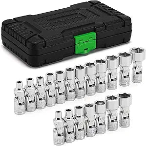 TecoTek 19-Piece 1/4-Inch Drive Universal Joint Socket Set, Swivel Socket Set, 6-Point, SAE (3/16" to 9/16") and Metric (5mm to 15mm), CR-V, Universal Flex Socket for Easier Access to Tight Spaces