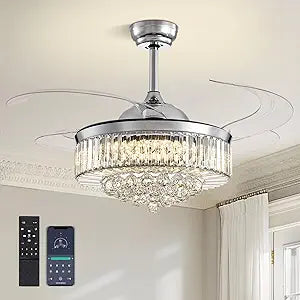 48" Crystal Chandelier Ceiling Fan with Light Modern Ceiling Fan with Retractable Blades Crystal Fandelier with Remote Control Chrome Fandelier for Dining Living Room