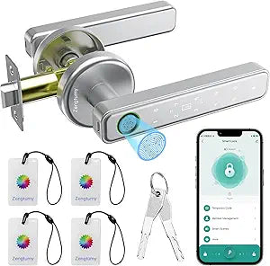 Fingerprint Door Lock, Smart Door Knob with Fingerprint/Password/Key/IC Card-Smart Door Lock for Bedroom, Hotel, Office, Apartment-Silver