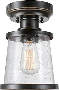 Globe Electric 44301 Charlie 1-Light Outdoor/Indoor Semi-Flush Mount Ceiling Light, Oil Rubbed Bronze, Clear Seeded Glass Shade, Bulb Not Included