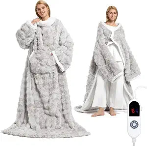 Wearable Heated Blanket, Luxury Faux Fur & Sherpa Electric Throw Blanket with Sleeves, Foot Pockets, Heated Robe for Women Men Gift, 3 Heat Levels & 12H Timer, ETL & FCC Certified, 52"x 72" Light Grey