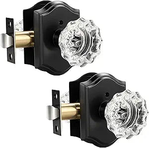 KNOBWELL Glass Door Knobs Interior, Vintage Privacy Crystal Door Knobs for Bedroom &Bathroom, Matte Black Door Locksets, Push Pin Button Inside Lock, 2 Pack