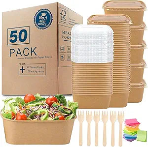 MINCOCO 50 Count Disposable Paper Bowls with Lids Meal Prep Containers Includes 50 Wooden Forks + 100 Labels Salad Food Containers Freezer & Microwave Safe Leakproof Soup Bowls (35 Ounce, 50-Count)