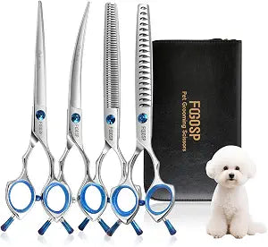 Dog Grooming Scissors Kit 7 in Professional Curved Thinning Straight Chunkers Shears 4Pcs Kit for Grooming Dogs Cat Pet Japanese 440C Stainless Steel(7.0'',Kit)