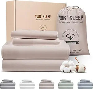 TWK 1200 TC 100% Egyptian Long-Staple Cotton Bedding Sheets Set, Luxury Hotel Style Deep Pocket with Elastic Reinforced Seams Sheet Set, Soft & Comfy Natural Sheets(Sand King)