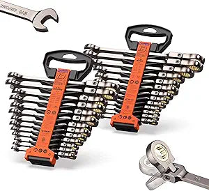 26-Piece Flex head Ratcheting Wrench Set (Metric & SAE), 72 Teeth Combination Wrench Set w/Organizer Rack,Cr-V Steel,6-19mm &1/4-7/8", Black Nickel Handle with Golden Ratchet