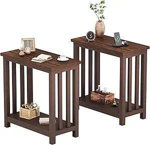 ChooChoo Mission End Tables Set of 2, Narrow Side Tables for Small Spaces, Night Stands with Storage Shelf for Living Room and Bedroom, Espresso