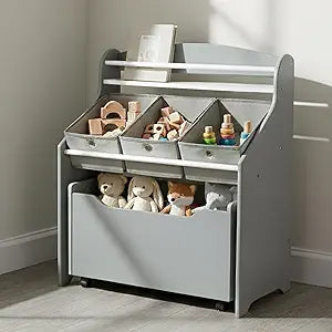 Humble Crew 3-in-1 Kids Bookshelf and Toy Storage Organizer, Bookcase with Rolling Toy Box and 3 Fabric Storage Bins, Wooden Nursery & Playroom Organizer, Grey/Grey