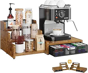 Coffee Station Organizer with K Cup Holder, 28 Pod Capacity,3-Tier Syrup Rack with Coffee Pod Holder Drawer, Coffee Bar organizer Countertop for Accessories,Rustic Brown