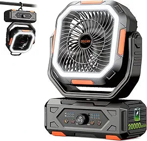 OGERY Camping Fan, Portable Fan Rechargeable with 20000mAh Battery, Stepless Speed Control, Fast Charging, Remote & LED Lantern for Tent, Travel, Car Camping, Camping Essentials