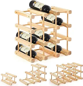 Juexica 1 Pcs 12 Bottles Wooden Wine Rack Sturdy and Durable for Inside Cabinet Stackable Countertop Modular Wine Storage Rack DIY Assembly Bottle Holder for Cellar (Natural Color)