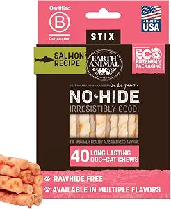 Earth Animal No Hide Stix - Long Lasting Rawhide Free Small Dog Chews Sticks, Salmon - 40 Count Extra Value Pack