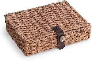 Decorative Box with Lid, Wicker Storage Basket, Water Hyacinth Woven Decorative box for Shelf, Coffee Table, Console Table, Home Decor (Large)