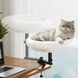 VERIFOST Adjustable Cat Desk Bed, 360 Rotatable Elevated Desk Cat Bed for Home Office, Space-Saving Design Table Supports Up to 60 lbs, Soft Faux Fur Bed with Removable Washable Cover (Beige)