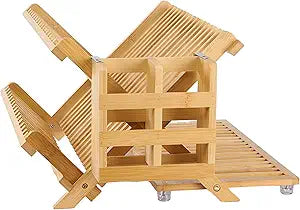 NOVAYEAH Bamboo Dish Drying Rack with Utensil Holder, Collapsible Wooden Dish Drainer Rack, 3-Tier Large Folding Drying Holder for Kitchen Counter 51 pcs Grid