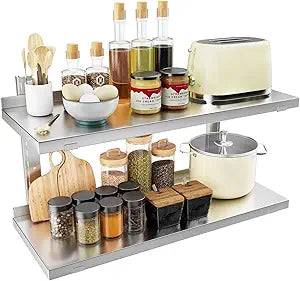 Stainless Steel Shelf, 31.5" x 12.6" Commercial Floating Wall Shelf with Brackets, 110Lbs Capacity, Adjustable Double-Layer Metal Heavy Duty Storage Rack for Restaurant, Kitchen Bar Home Hotel