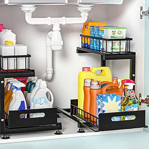 Saydear Under Sink Organizer, 2-Tier Premium Metal Pull-Out Racks with Adjustable Height, Heavy Duty Sliding Bin for Bathroom and Kitchen Cabinet Storage, Rust Resistant 2 Pack Black