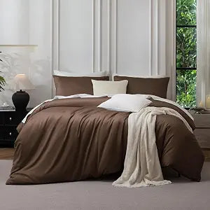 MooMee Duvet Cover Set, 100% Extra Long Staple Cotton 600 Thread Count Sateen Smooth Luxury Breathable Hotel Quality Cooling Bedding for All Season, 3 Pieces (Chocolate Brown, King 104"x90")