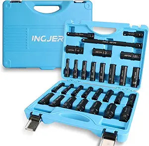 1/2" 29PCS Impact Socket Set, Upgrade CR-MO 6 Point Socket Set,SAE (3/8"-1") & Metric (10-24mm), Standard & Deep Sockets with Extension Bars, High Torque, Ideal for Truck Bearing Locknut.