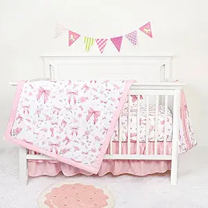 Floral Crib Bedding Set for Girls, 4 Pieces Pink Baby Nursery Bedding Set for Standard Size Crib, Including Soft Comforter, Crib Sheet, Ruffled Crib Skirt, Diaper Stacker