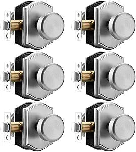 6 Pack Pismo Doorknobs with Lock for Hall, Brushed Nickel Interior Door Knobs with Camelot Trim, Heavy Duty Door Handle