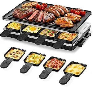 HBN Electric Raclette Table Grill with 8 Warming Trays, 2-in-1 Korean BBQ Grill & Electric Griddle Nonstick, Adjustable Temperature Control,1300W, Great for Indoor Family Gatherings, Parties & Dining