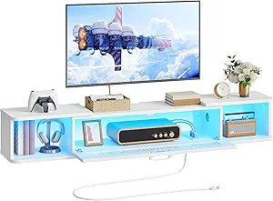 HOOBRO Floating TV Stand with LED Light Power Outlet for up to 65, Wall Mounted TV Shelf, Modern Media Console Entertainment Center, for Living Room Bedroom, White WT34UDDS01G1