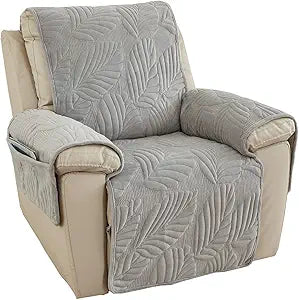 vctops Palm Leaves Velvet Plush Quilted Recliner Chair Cover Anti-Slip Super Soft Furniture Protector with Elastic Straps for Kids, Dogs, Pets, Light Grey