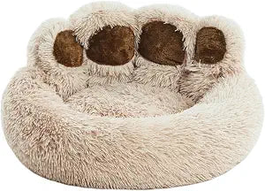 Jiupety Paw Shape Calming Pet Bed, Plush Faux Fur Donut Bed for Dogs & Cats, Machine Washable, Non-Slip Bottom, Large Size (26"26"8"), Camel