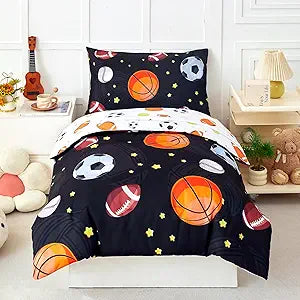PERFEMET Sports Theme Toddler Boys Bedding Set 4 Pieces Basketball Football Printed Toddler Comforter Set Reversible Design Ball Games Bed in A Bag (Black)