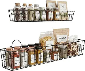 MyGift 2pcs 30-Inch Wire Baskets for Storage and Organization, Rustic Black Wall Mounted Metal Display Racks