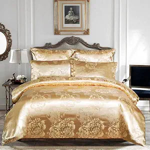 Comforter Set Satin Silk Blanket All Season Bed Gold Bedspread Luxury Jacquard Quilt Bedding in a Bag Matching 2 Pillow Shams (Twin, 69x90 inches, 3 Pieces)