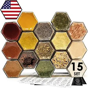 15 Pack Magnetic Spice Jars for Refrigerator Hexagon Glass Spice Jars with Magnetic Lids, Shaker, Spice Labels, Magnetic Glass Spice Containers for RV Travel Trailer Kitchen Fridge Cabinet Wall mount