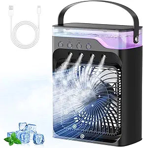 Portable air Conditioners, Personal Cooling Fan with 120┬░ Oscillation, 3 Wind Speed & 4 Sprays, 2/4/6/8H Timer, Multi-Color Light, 3 in 1 Desktop Mini AC Unit for Car, Bedroom and Camping(Black)