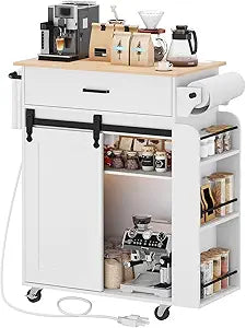 YATINEY Kitchen Island with Storage, Mobile Kitchen Cart with Charging Station, Kitchen Island on Wheels, Rolling Island Table with Sliding Cabinet Door, White and Natural ZD01UWN