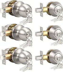 Knobonly 3 Set Keyed Same Entry Door Knob with Single Cylinder Deadbolt, One Keyway Door Lock Set in Satin Nickel Finish, Indoor/Outdoor Security Door Handles