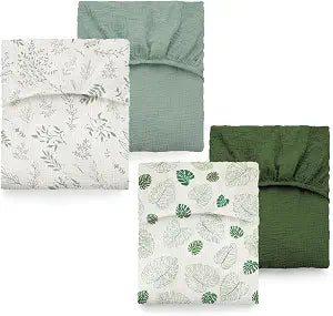The ColoBrethy 4-Pack Muslin Crib Sheets for Baby Girl Boy, Neutral & 100% Cotton Nursery Decor, Fit for Standard Crib and Toddler Mattress(Sage Green & Dark Green & Monstera & Leaf)