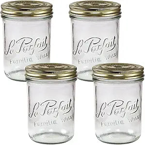 Le Parfait Familia Wiss 24oz (750ml) Wide Mouth Glass Canning Jars  4PK Made in France, Airtight 2-Piece Lid, Reusable Zero Waste & Eco-Friendly for Kitchen Storage, Meal Prep, Fermentation & Baking