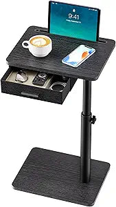 TV Tray with Drawer & Device Slot, Swivel Height Adjustable bedside table, Sofa Side Table for Eating, C Shaped Couch Table for Living Room & Bedroom, Portable Snack End Table for Couch & Bed, Black