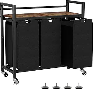 SwaaVee Laundry Sorter, Laundry Hamper 3 Section, 311.4Gal, Metal Frame Rolling Laundry Basket with Wooden Top Shelf, Pull out and Removable Laundry Bags, 3 Bags-Black
