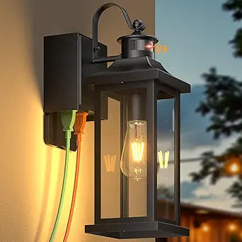 Roravilia Motion Sensor Outdoor Light for House with GFCI Outlet, 18 Large Dusk to Dawn Exterior Light Fixture IP65 Waterproof Exterior Lantern Porch Light Patio Garage Wall Sconce, 2 Receptacles