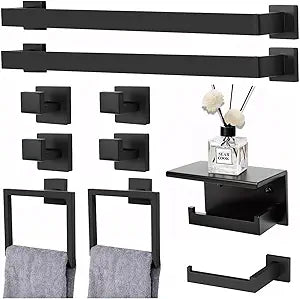10 Pieces Matte Black Bathroom Accessories Set, 23.6 Inch Towel Racks for Bathroom Wall Mounted, Stainless Steel Bath Towel Bar Set, Bathroom Hardware Accessories for Kitchen & Bath