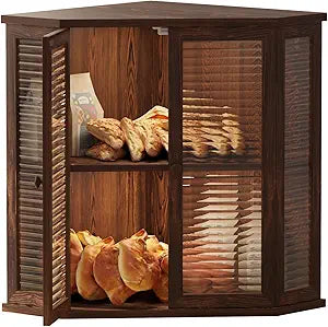 Corner bread box Bread Box for Kitchen Countertop - Corner Bread Storage Box 16.5" H, Premium Wood with Glass Door, Perfect for Homemade Bread, Baguettes & Pastries (Pine wood)