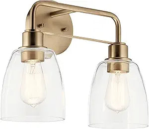 Kichler Meller 2-Light Bathroom Vanity Light Fixture with Clear Glass Shades, Industrial Wall Sconce in Champagne Bronze for Bathroom Mirror (11.25" x 5.5" x 7"), 55101CPZ