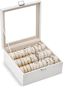 Lolalet Bracelet Display Holder with Rods for Bangles Watches, Clear Lid Jewelry Organizer Box Storage Case for Women Girls -White, 3 Rolls