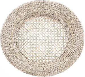 Kouboo Round Rattan Charger Plates, Set of 2, Woven Table Decor, White Wash