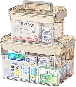2Pack Medicine Box Set,2-Tier Large Capacity Medicine Storage Box with Handle,Clear Plastic First Aid Box Empty,Portable Medication Organizer Storage for Home & Travel