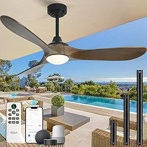 52 Outdoor Ceiling Fan with Light and Remote via WIFI Alexa, 3 Walnut Solid Wood Blade, Noiseless Reversible Dc Motor, Smart Outdoor Wood Ceiling Fan for Farmhouse Patios, Bronze