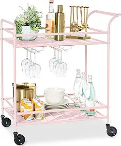 Best Choice Products Rolling Bar Cart, Mobile Home Bar Serving Cart, Serving Station w/ 2 Tier Shelves, Wine Rack, Lockable Wheels - Pink